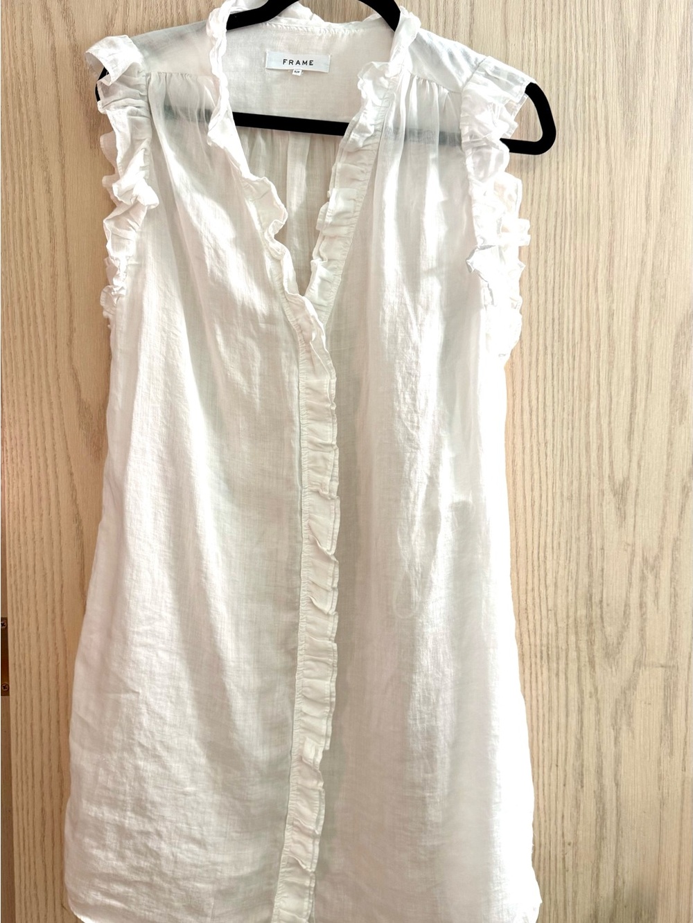 FRAME Lauren Ruffled Ramie Mini Shirt Dress White small